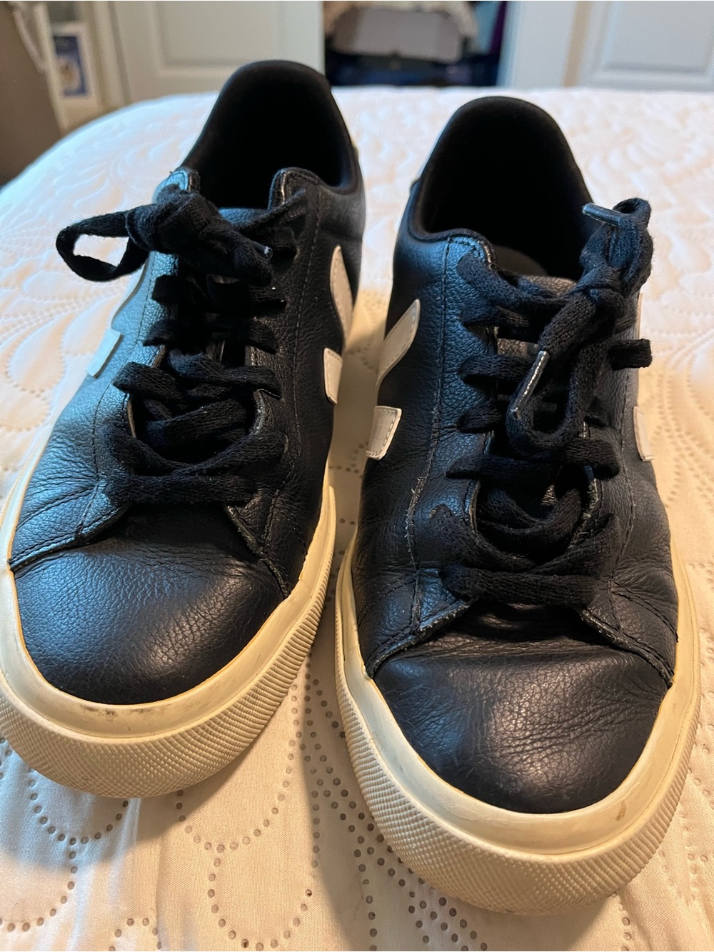 Veja Black Leather Sneakers with White V Logo